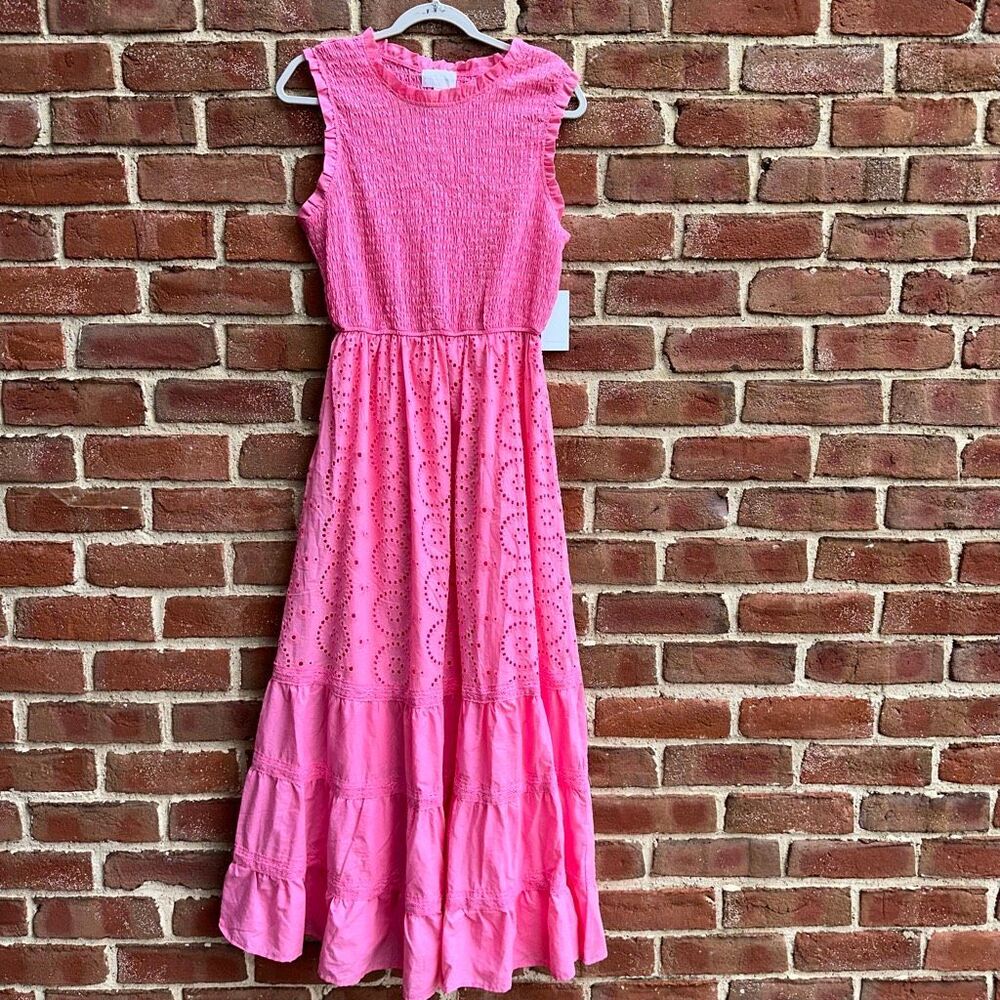 A Collective Story $198 Pink Smocked Eyelet Boho Maxi Dress XL NEW